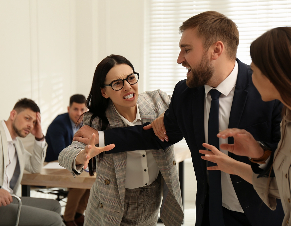 a group of professional coworkers are angry and aggressive toward each other.